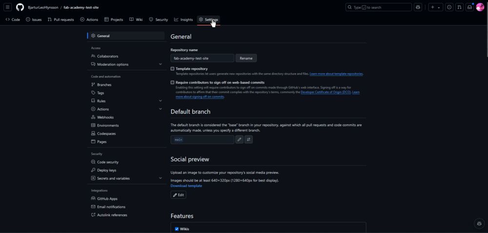 GitHub Repository Settings Page